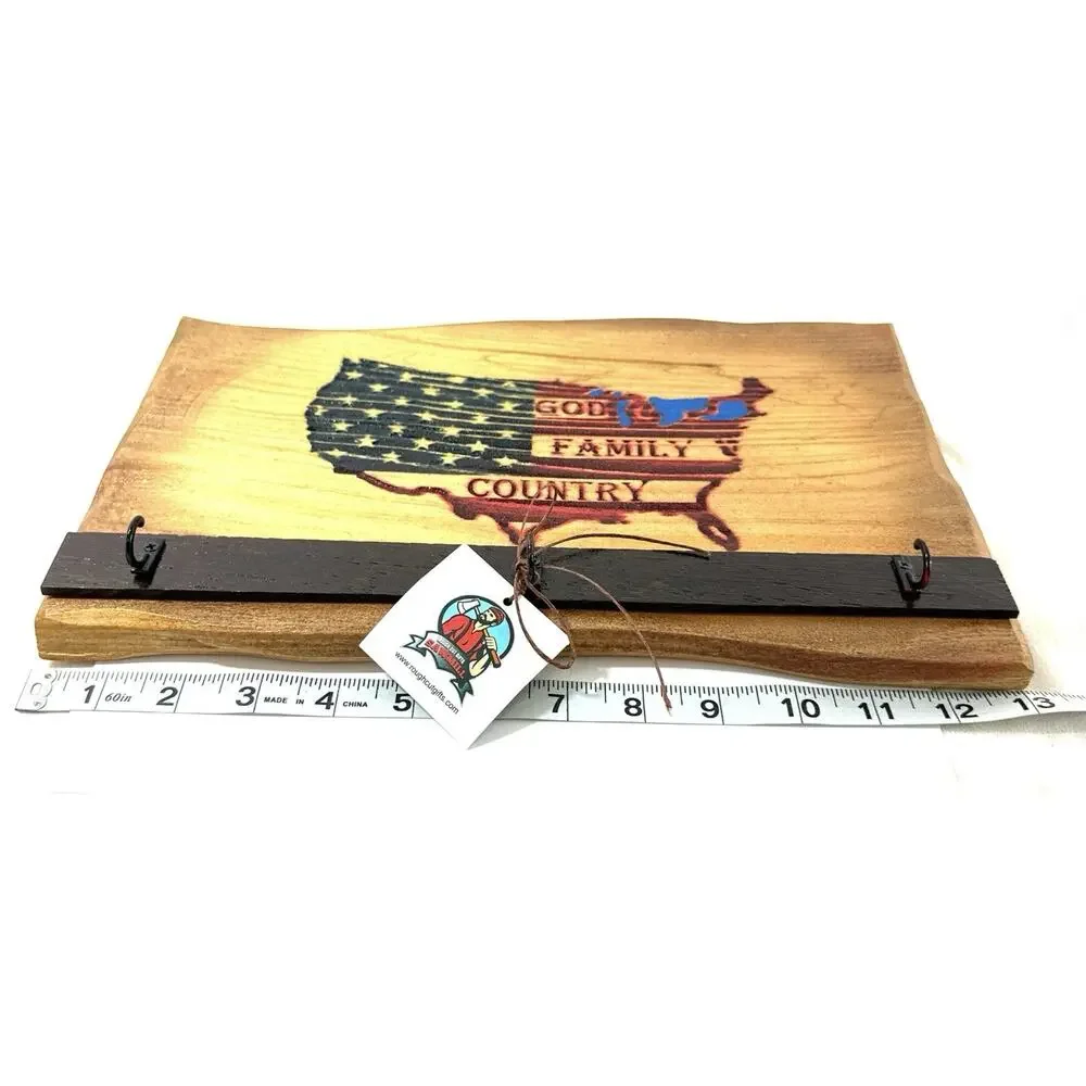 Live Edge Wooden Key Holder Wall Rack God Family Country USA Flag 3 Hooks